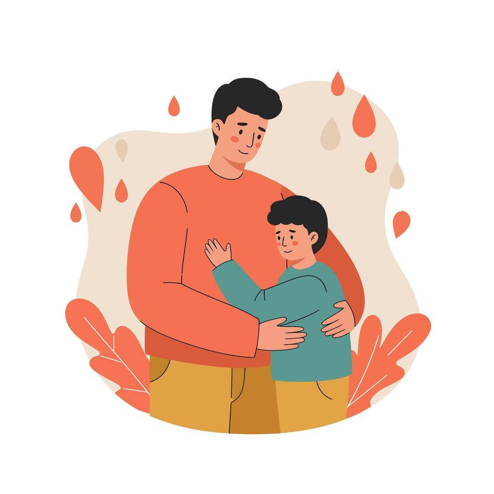 Father and son embracing warmly with autumn leaves and soft background illustration vector