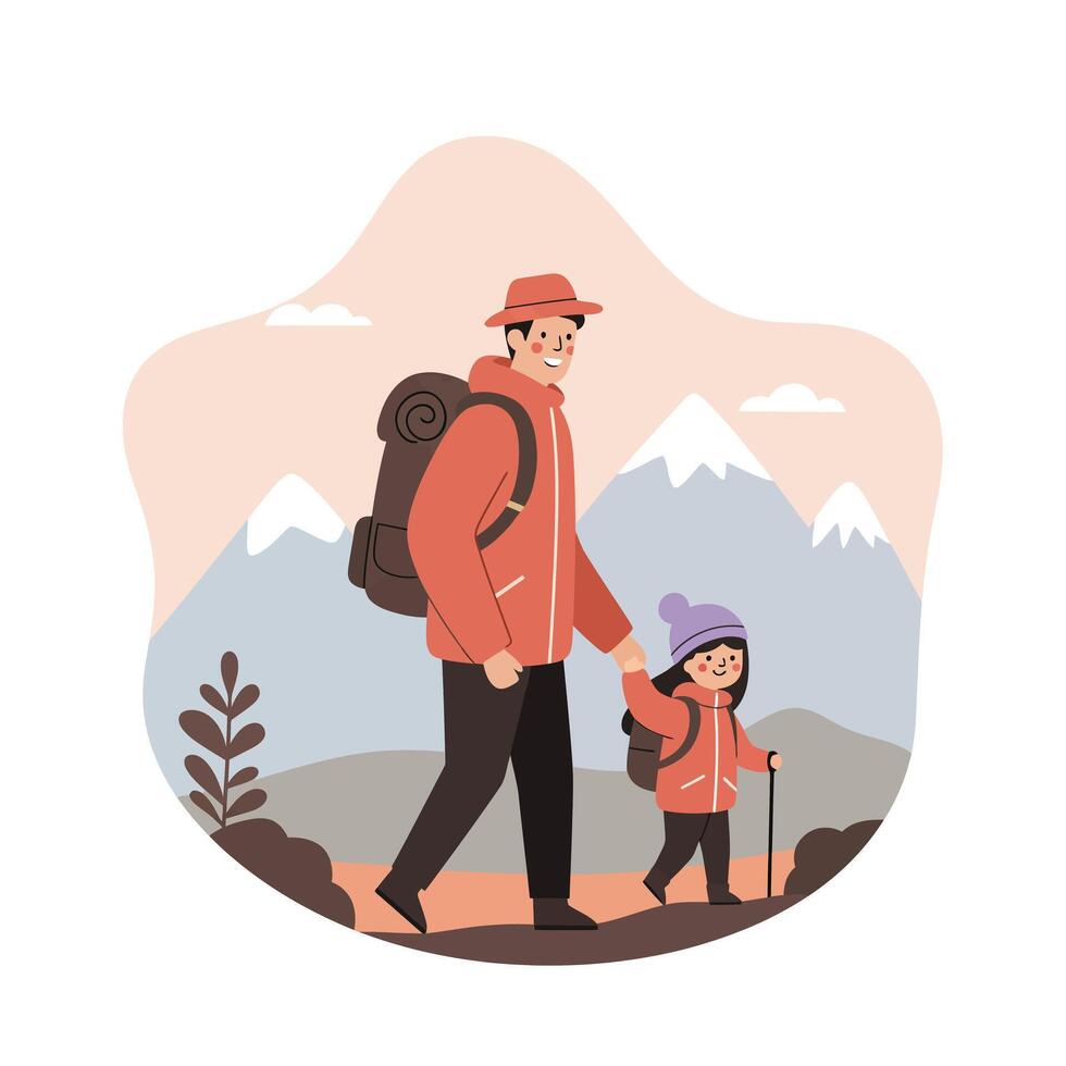 Hiking father and child walking together in mountain landscape with backpacks and warm clothes vector