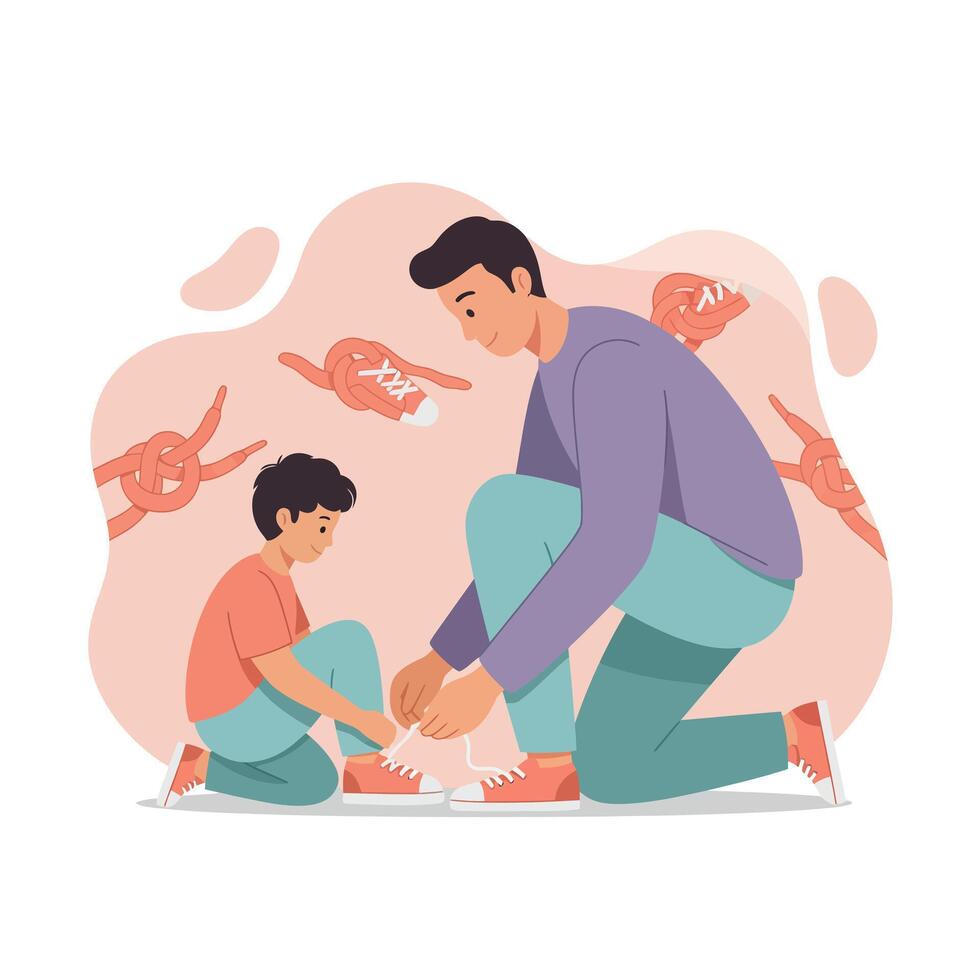 Father helping son tying shoelaces in casual clothing with orange shoes and purple sweater illustration vector