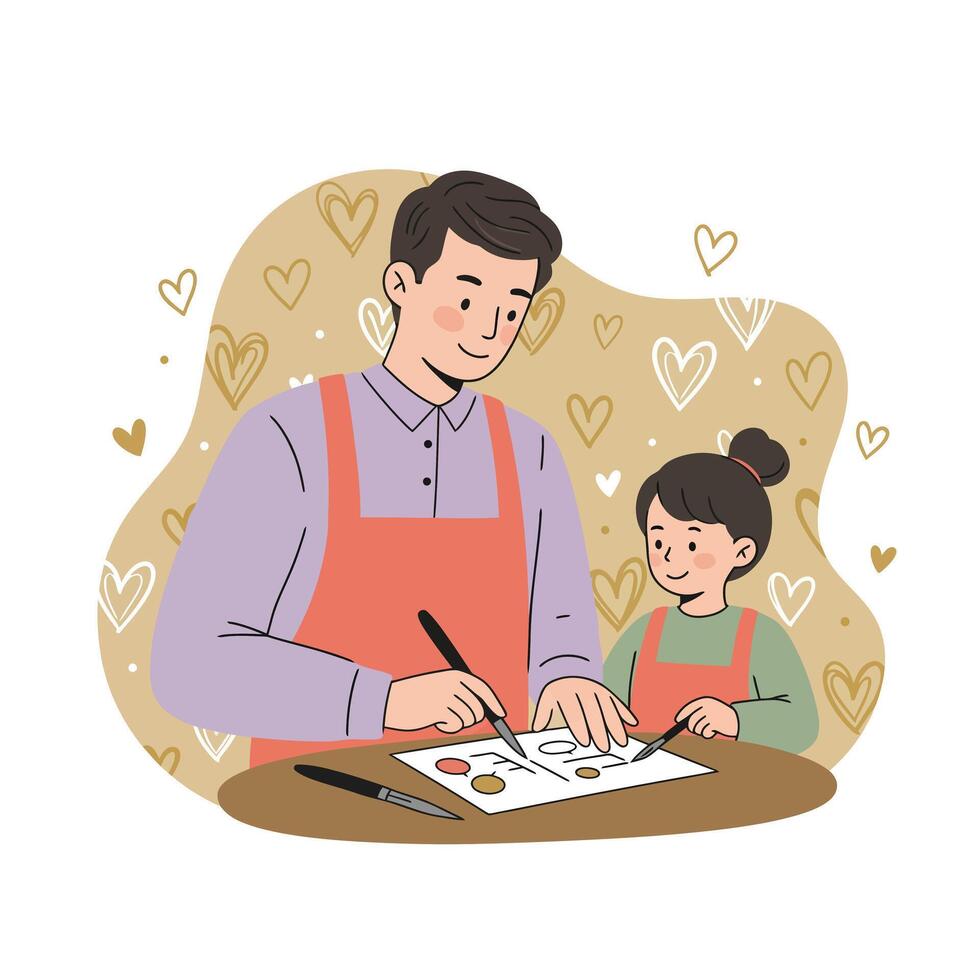 Father and daughter painting together at table with hearts background illustration for family bonding and creative activity vector