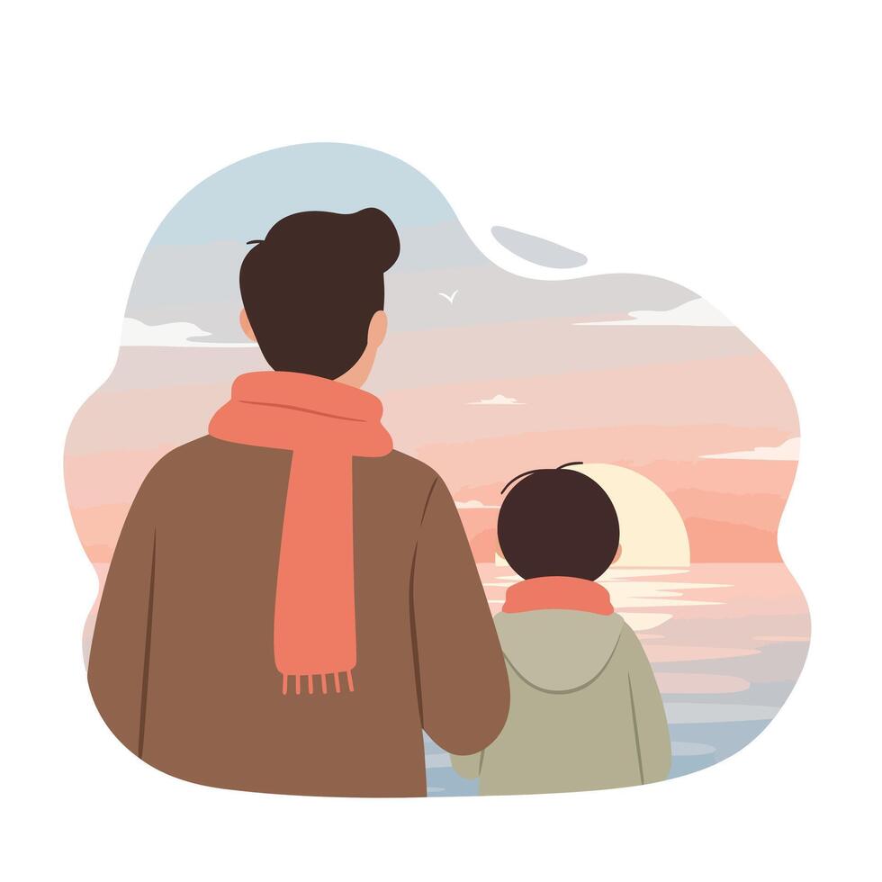Father and child watching sunset over calm sea with soft pastel colors and peaceful atmosphere illustration vector