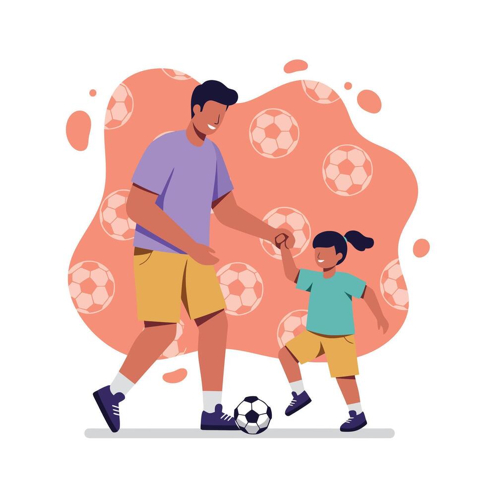 Father and daughter playing soccer together in casual clothing with orange background and soccer ball pattern vector