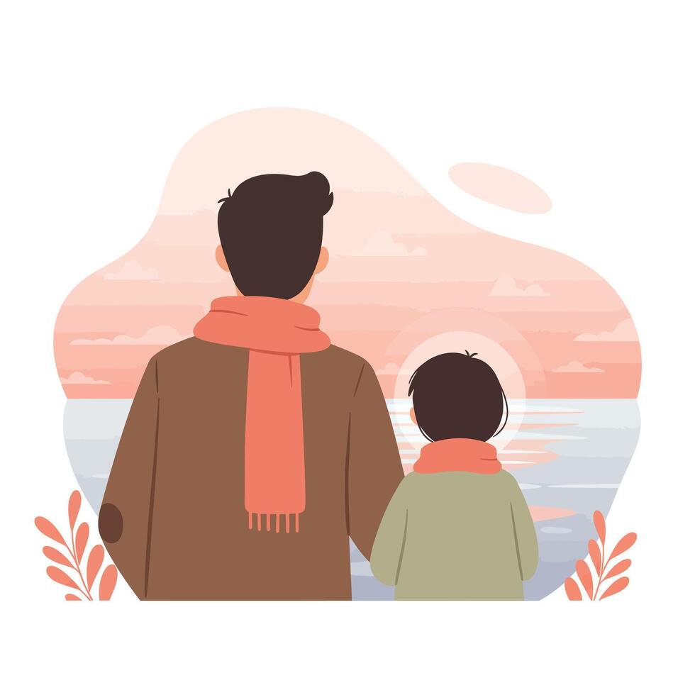 Father and son watching the sunset together wearing scarves in calm nature with soft pastel colors illustration vector