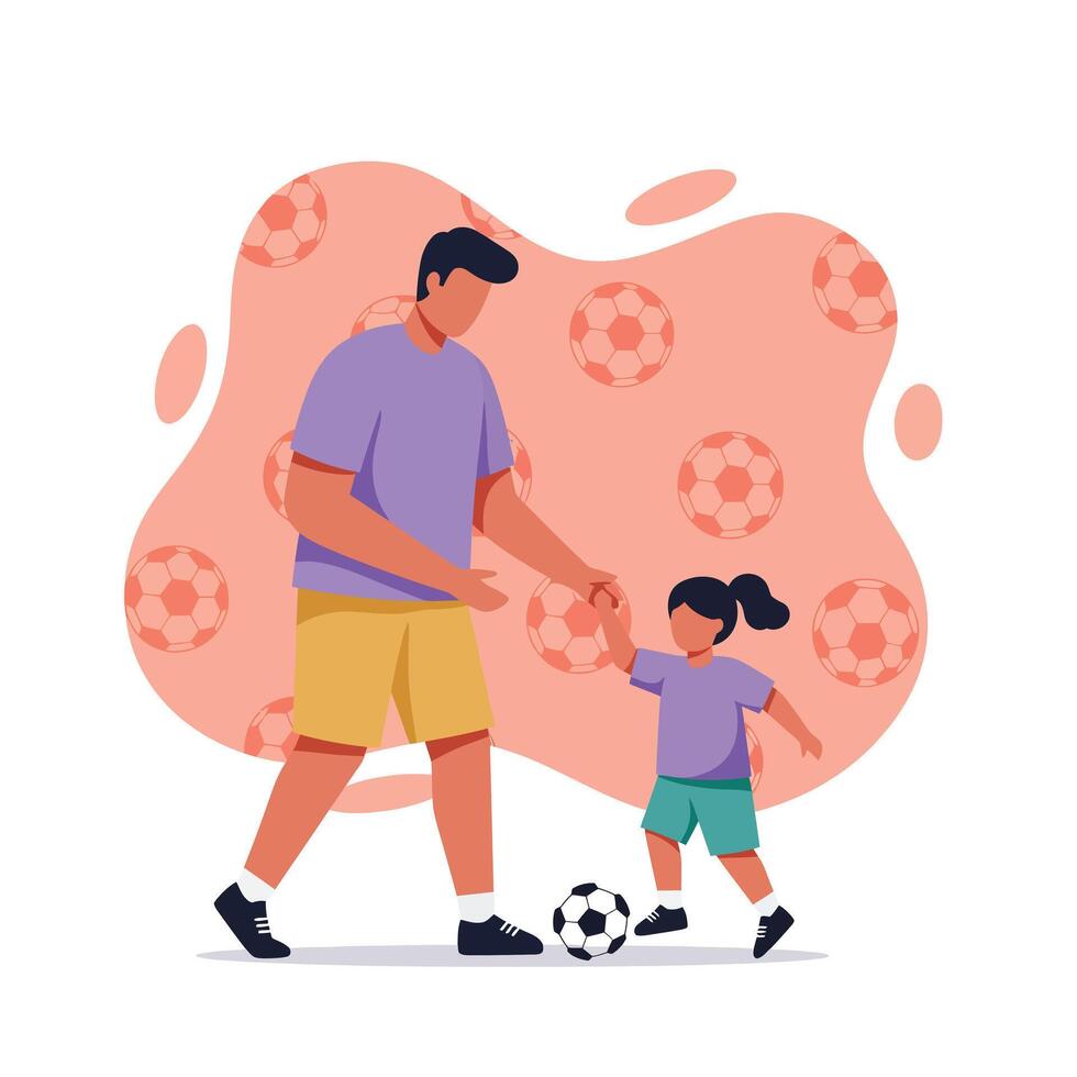 Father and Daughter Playing Soccer Together in Casual Clothes on Patterned Background Illustration vector