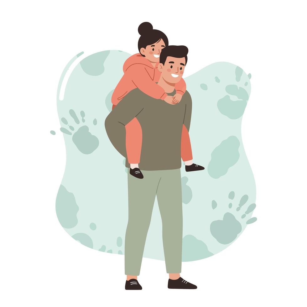 Father giving piggyback ride to daughter with green handprint background illustration vector