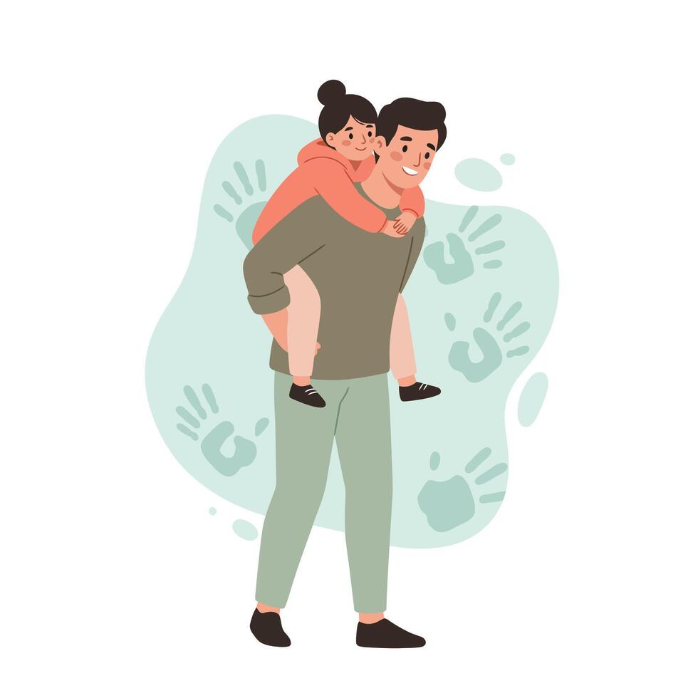 Father carrying daughter piggyback simple family bonding happy moment illustration vector