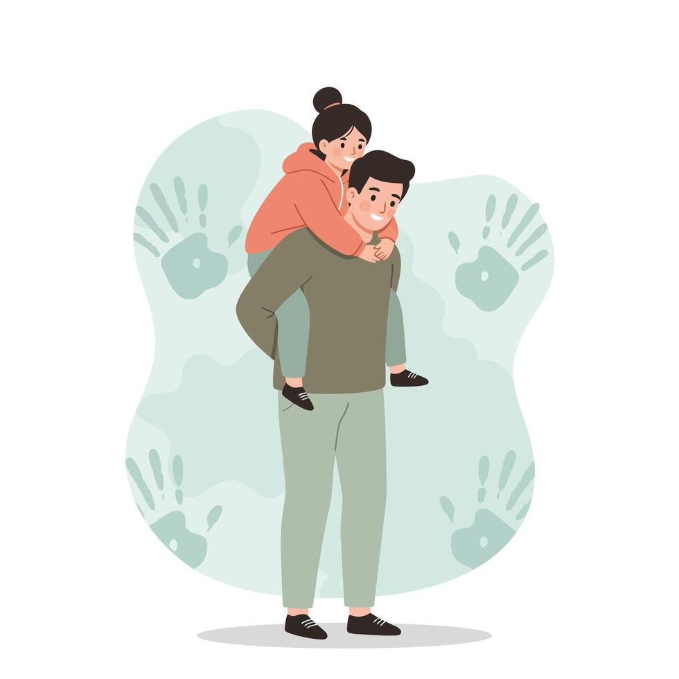 Father carrying daughter on back in playful family moment illustration vector