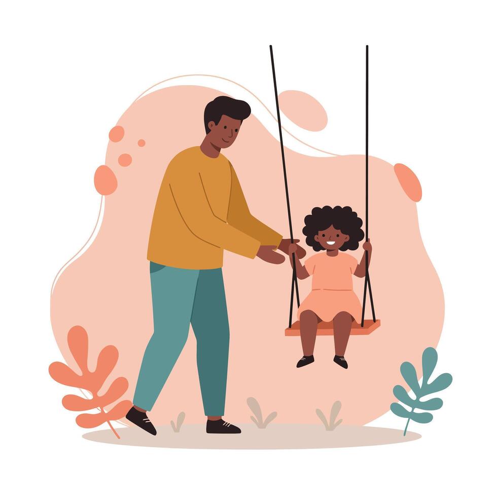 Father pushing daughter on swing playground activity with nature leaves background illustration vector