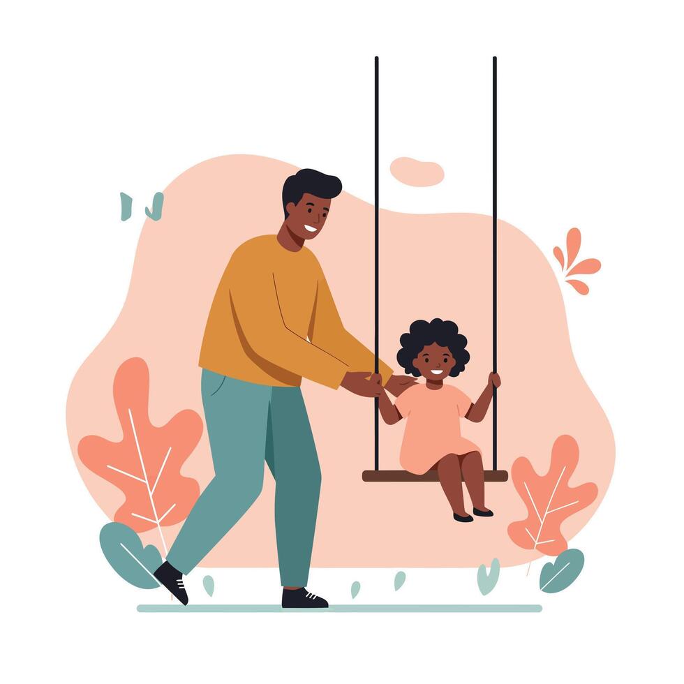 Father pushing daughter on swing playground activity family bonding illustration vector
