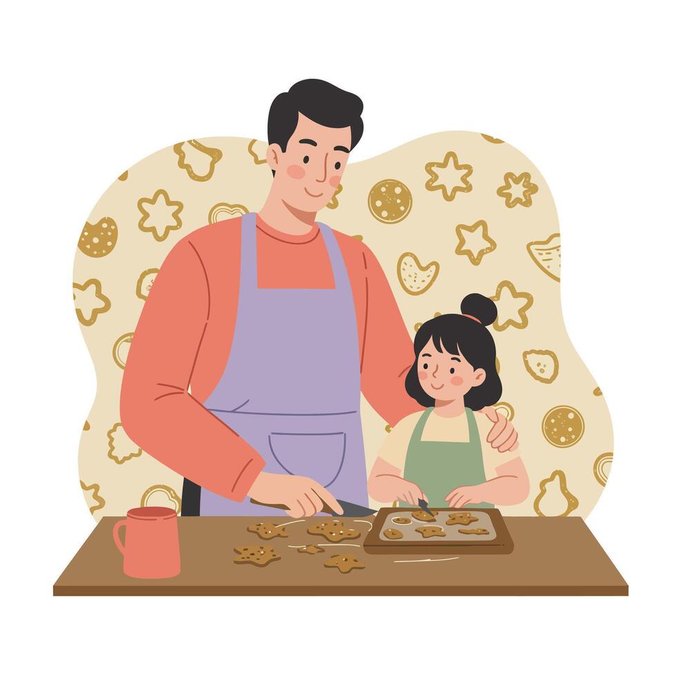 Father and daughter baking cookies together in kitchen enjoying family bonding and holiday activity in warm cozy setting vector