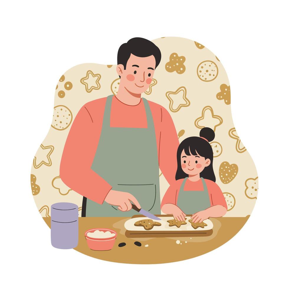 Father and daughter baking cookies together in kitchen with festive cookie cutter shapes family activity illustration vector