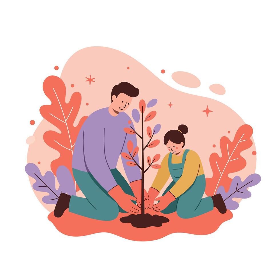 Father and daughter planting young tree together in garden with autumn leaves background illustration vector