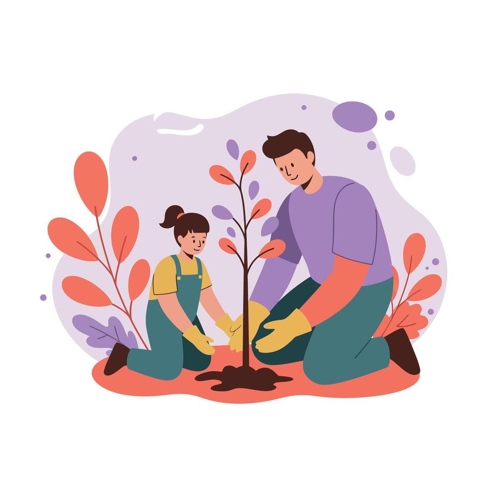 Father and daughter planting tree together in garden with colorful plants and nature background illustration vector