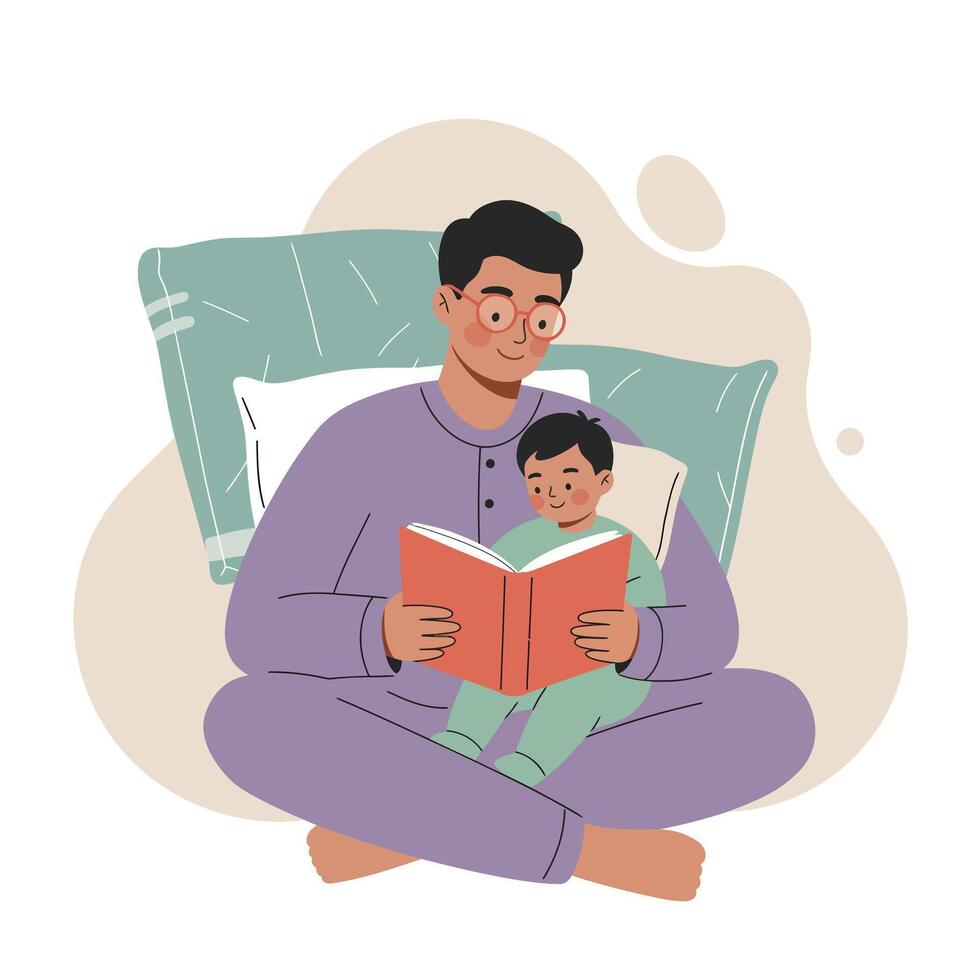 Father reading a book to child on sofa in cozy home environment family bonding activity vector