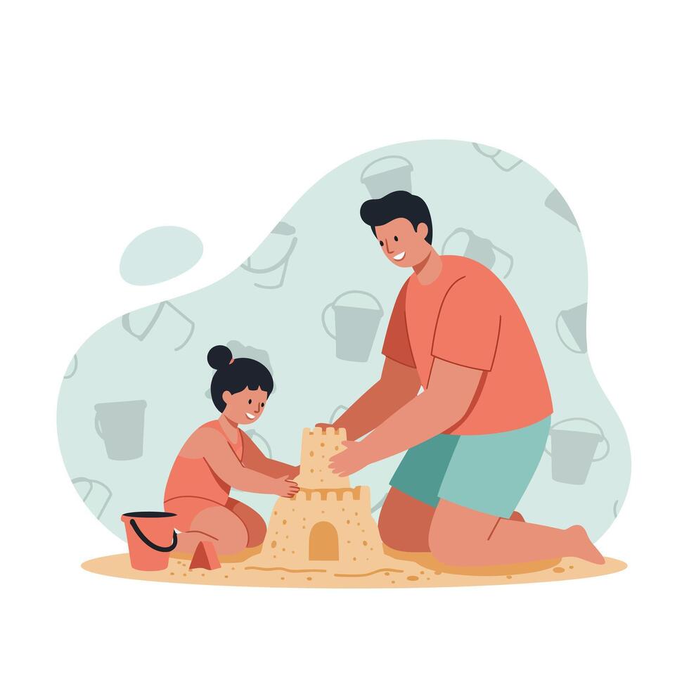 Father and daughter building sandcastle on beach enjoying family leisure time illustration vector