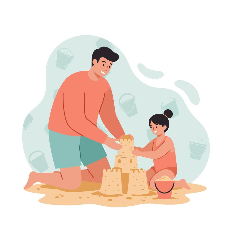 Father and daughter building sandcastle together at beach in casual clothes illustration vector