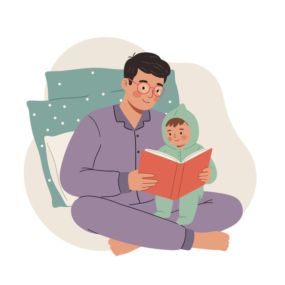 Father reading bedtime story to baby in green pajamas with cozy cushions background illustration vector