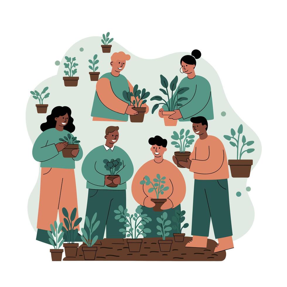 Group of diverse people planting and caring for green plants in community garden illustration with earthy tones and teamwork concept vector