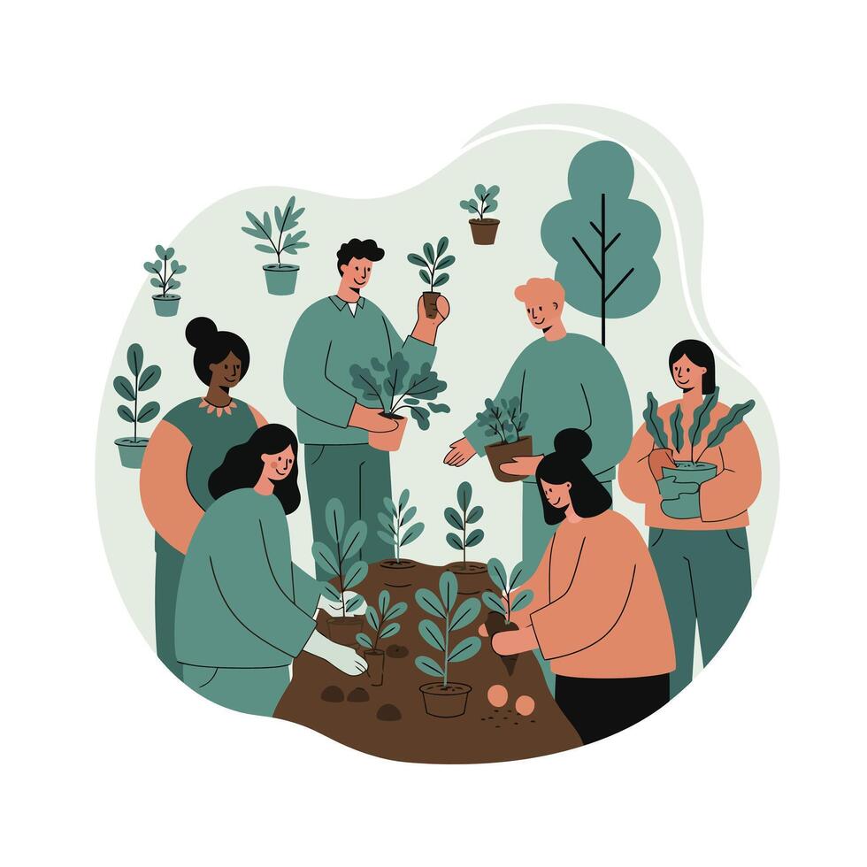 Diverse group of people planting and caring for plants together in community garden illustration vector
