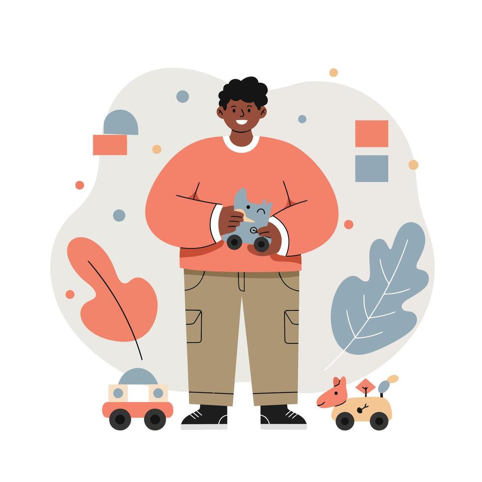 Child holding toy bear with toy cars and decorative leaves in playful scene illustration vector