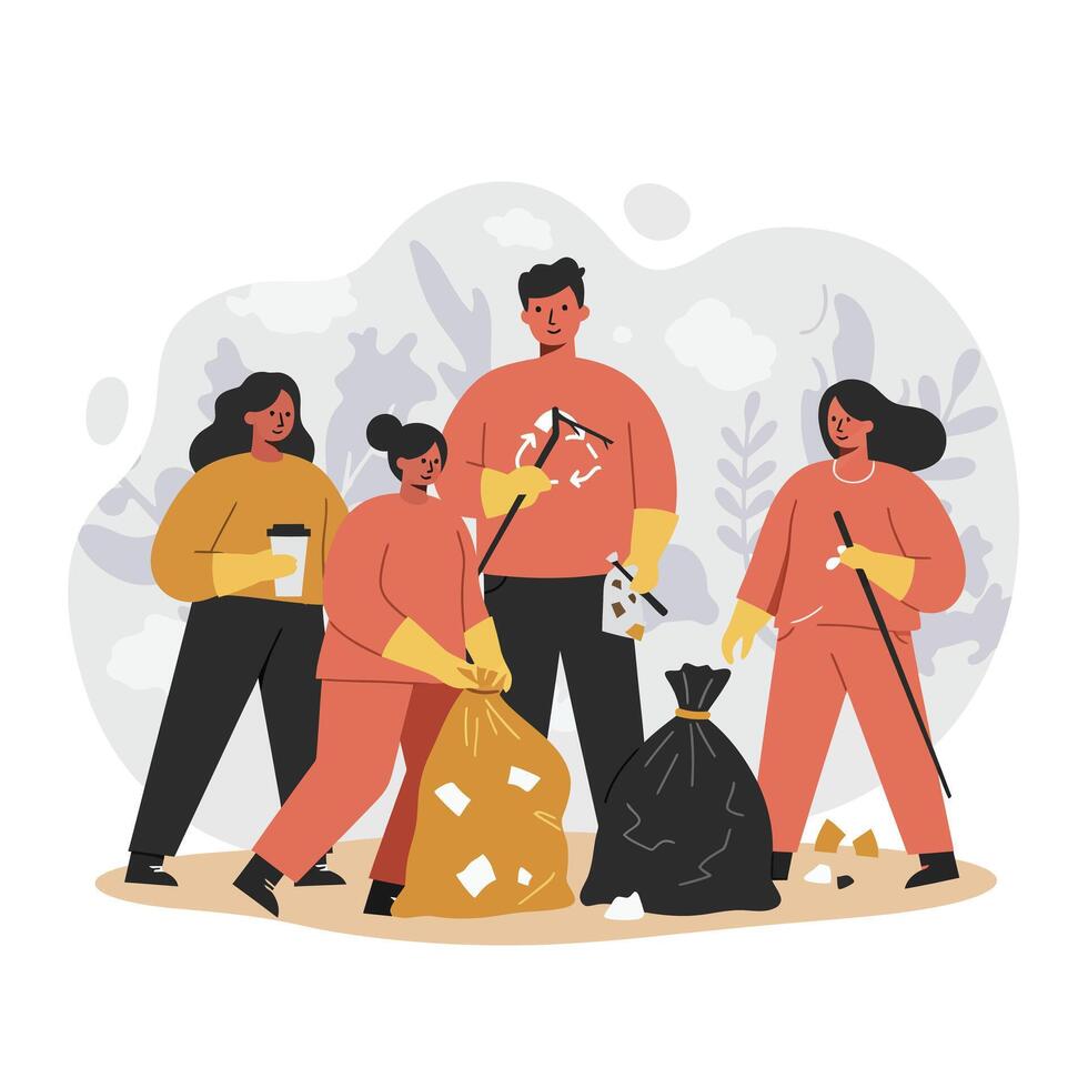 Group of people cleaning environment with trash bags and gloves community teamwork and recycling concept illustration vector