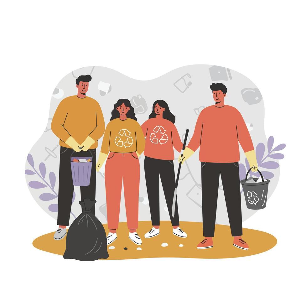 Diverse group of people volunteering for environmental cleanup with recycling symbols and trash collection tools in illustration vector