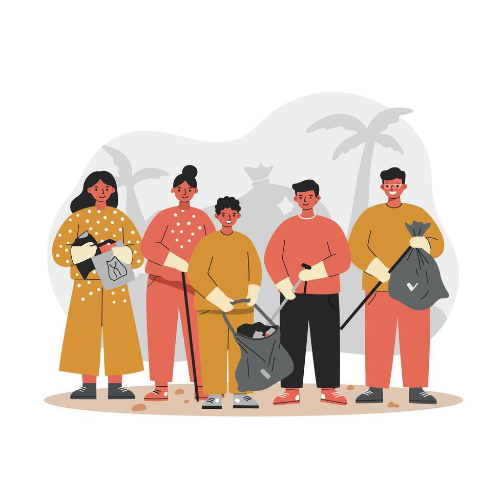 Group of people cleaning park environment with trash bags and gloves community teamwork illustration vector