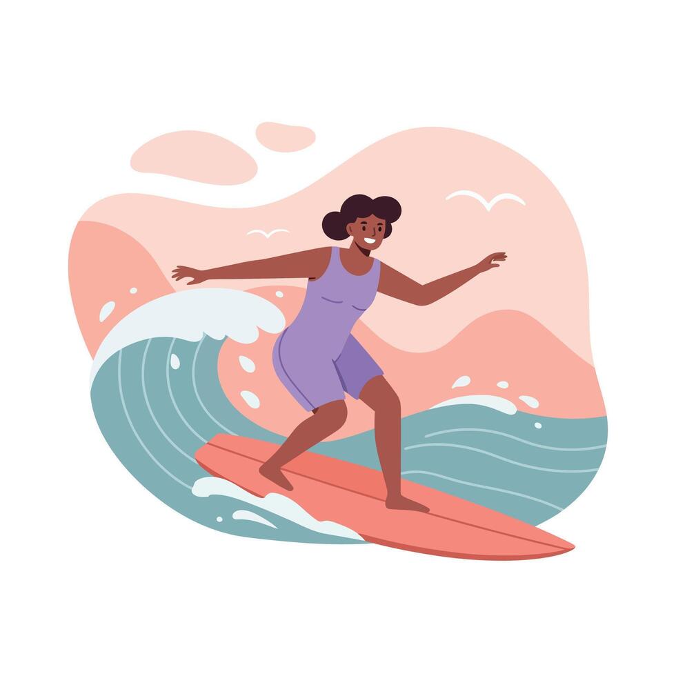Woman surfing on ocean wave with pink sunset sky and birds in background illustration vector