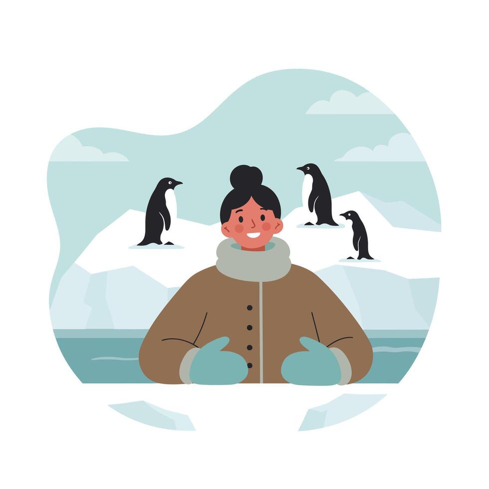 Woman in winter coat with penguins on iceberg in cold environment illustration vector