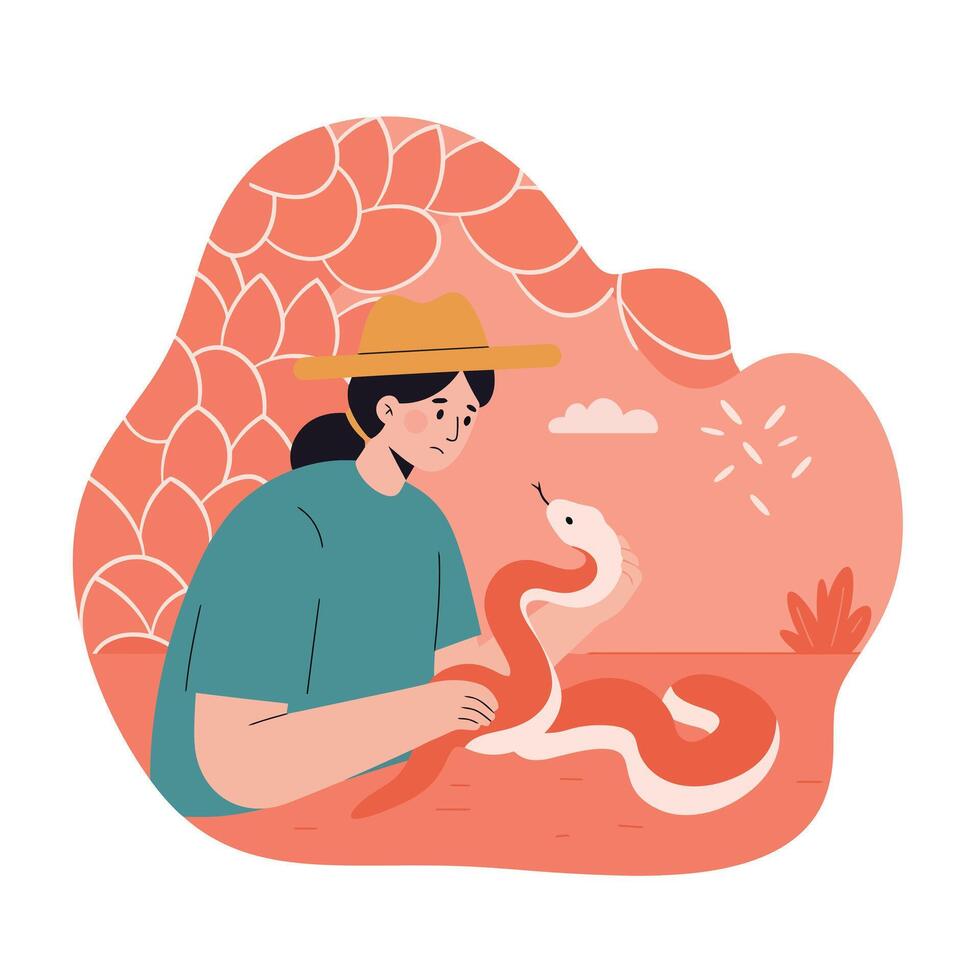 Woman handling snake in outdoor nature scene with coral background and hat illustration vector