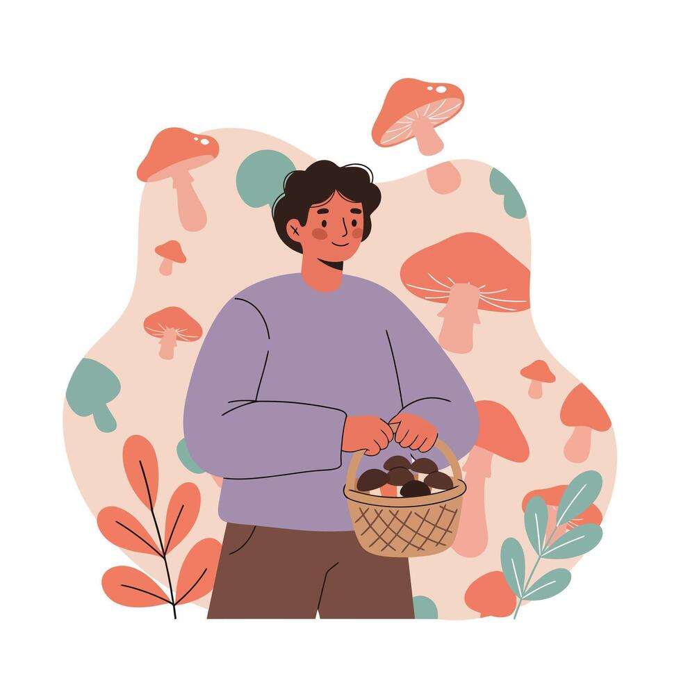 Person holding basket with mushrooms harvesting in forest background with autumnal colors illustration vector