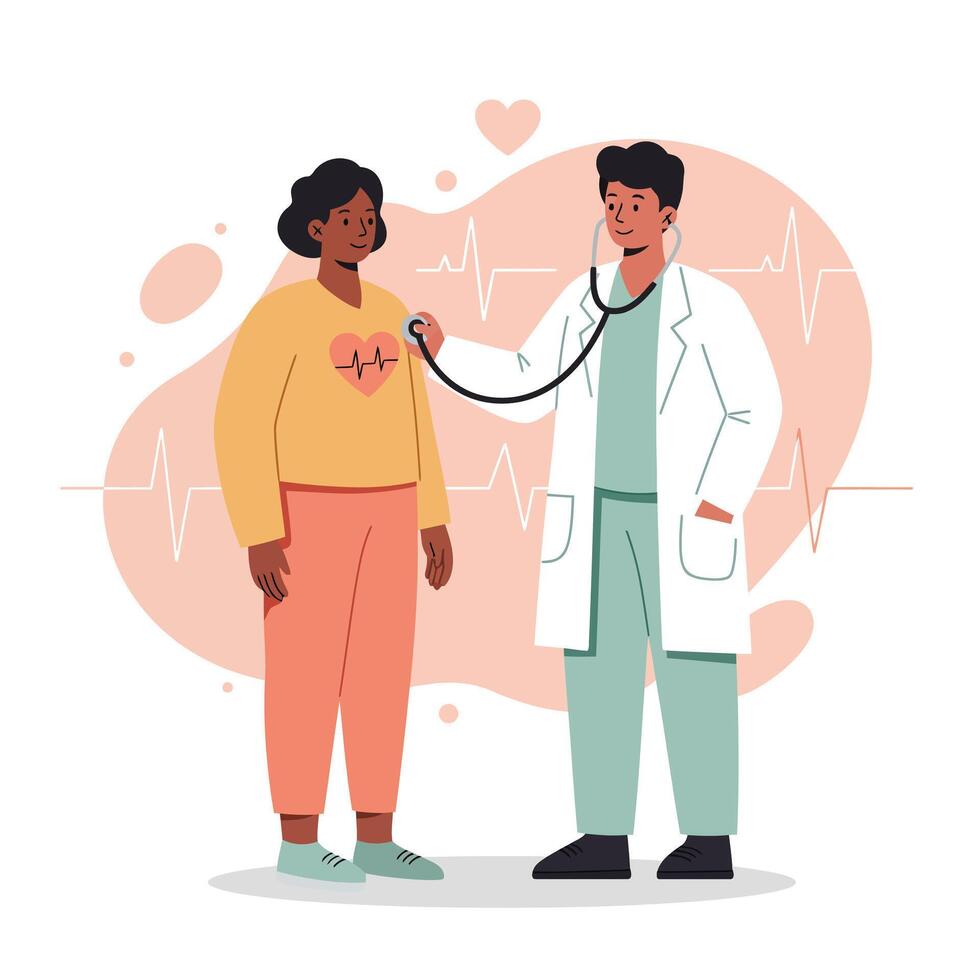 Doctor using stethoscope to check heart health of woman patient in medical examination illustration vector