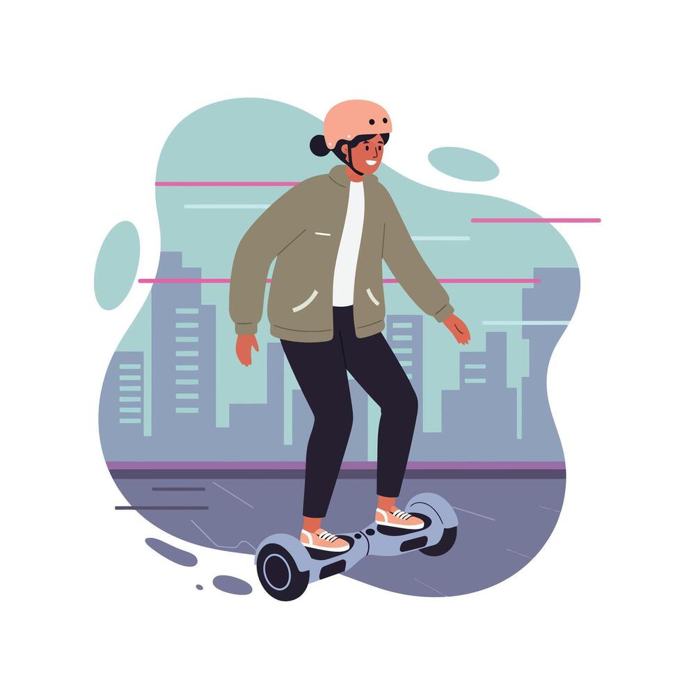 Young person riding hoverboard with helmet urban cityscape background illustration vector