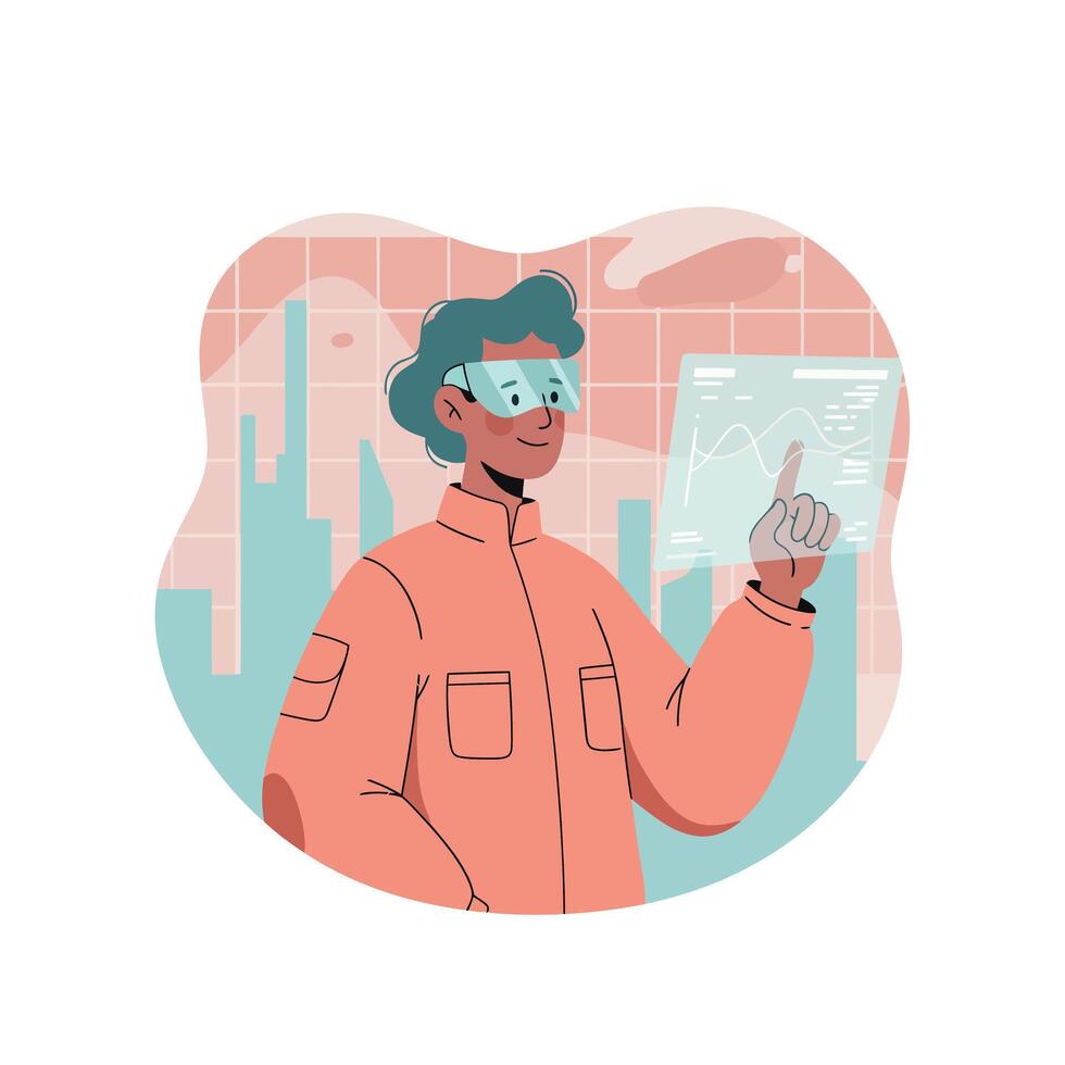 Person wearing virtual reality glasses interacting with digital interface in futuristic cityscape illustration vector