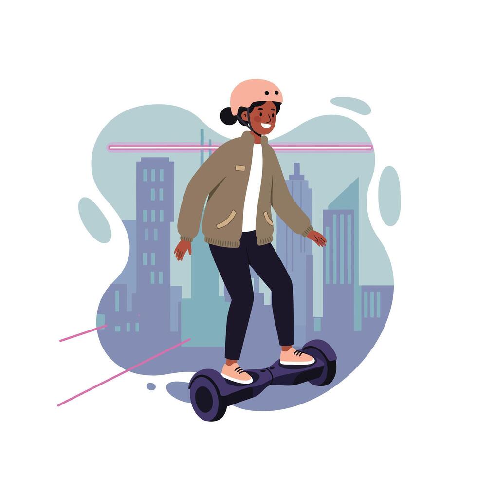 Young woman riding hoverboard in urban cityscape with modern buildings and safety helmet vector