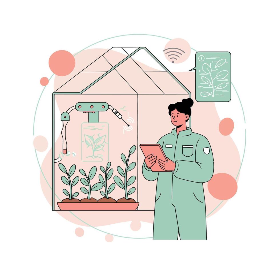 Scientist monitoring automated plant growth system with tablet in smart greenhouse technology illustration vector