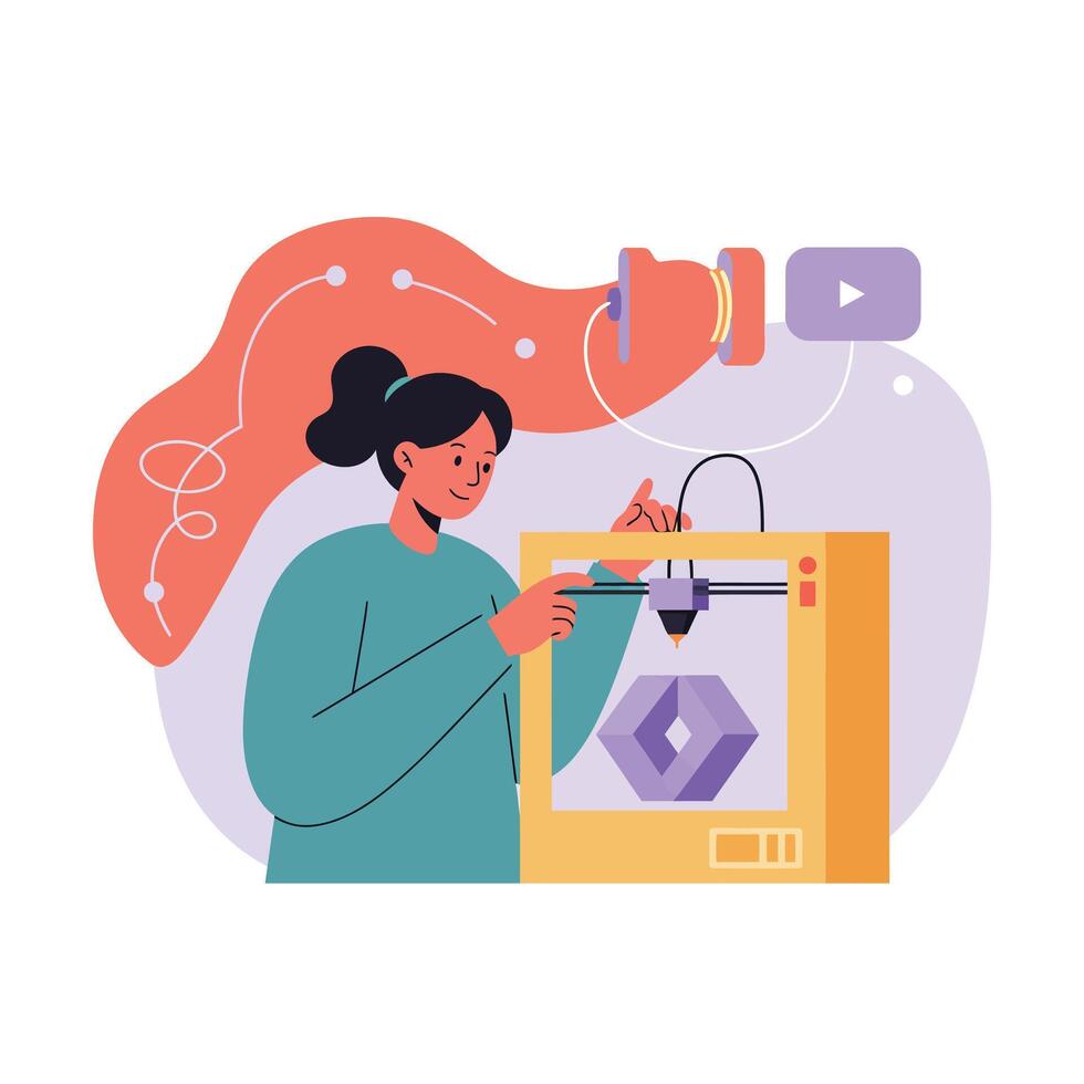 Woman Using 3D Printer for Creative Design and Digital Making Technology Illustration vector