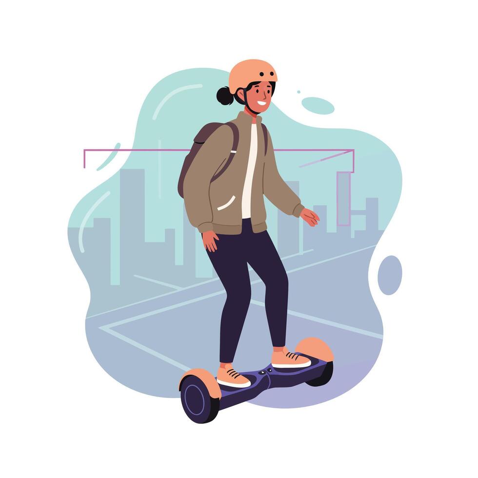 Young person riding hoverboard with helmet and backpack in urban cityscape illustration vector