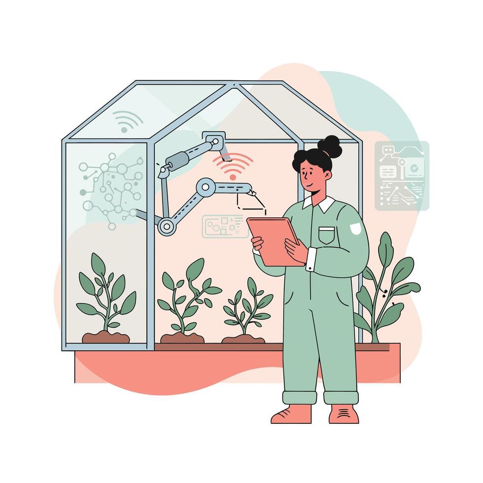 Female Agricultural Scientist Using Robotic Automation in Greenhouse for Plant Research and Monitoring vector