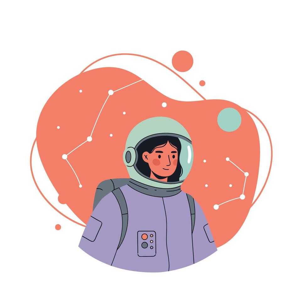 Female astronaut in space suit with constellation background illustration for science and space exploration themes vector