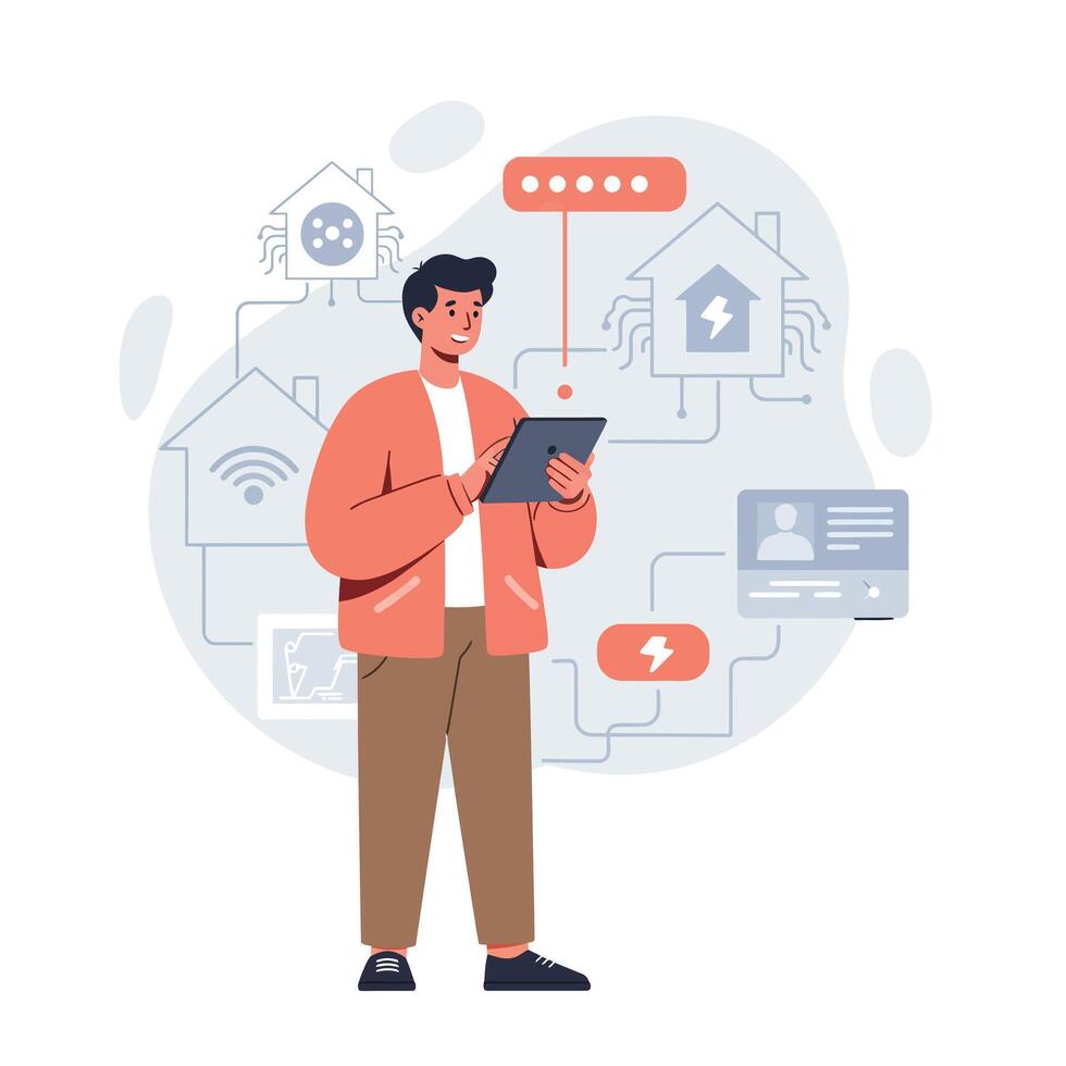 Man using tablet controlling smart home devices with network icons and technology connection illustration vector
