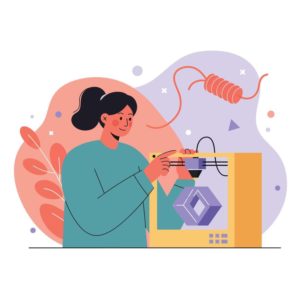 Woman using 3D printer creating geometric object with filament spool in background illustration vector