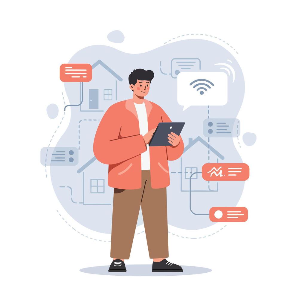 Man Using Tablet for Smart Home Automation Control with Connected Devices and Wireless Network Technology vector