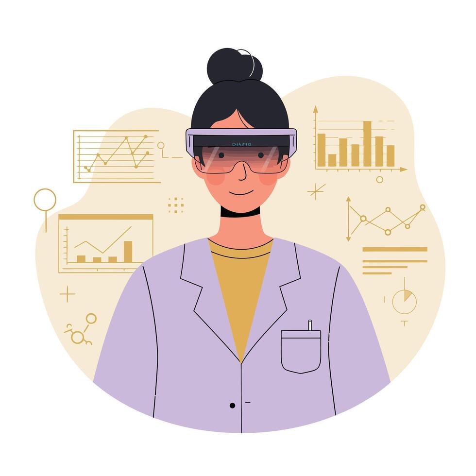 Female Scientist Wearing Augmented Reality Glasses Analyzing Data Charts in Lab Coat Illustration vector