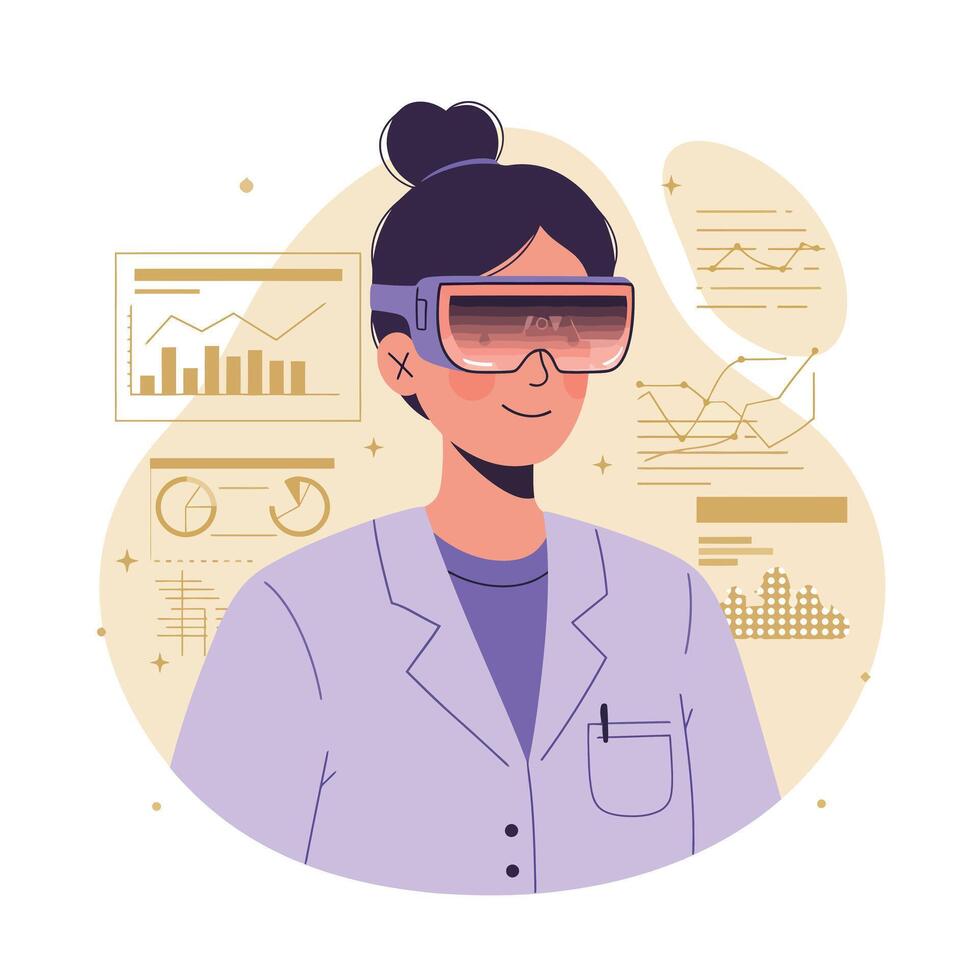 Female scientist in lab coat using virtual reality glasses with data charts in background illustration vector