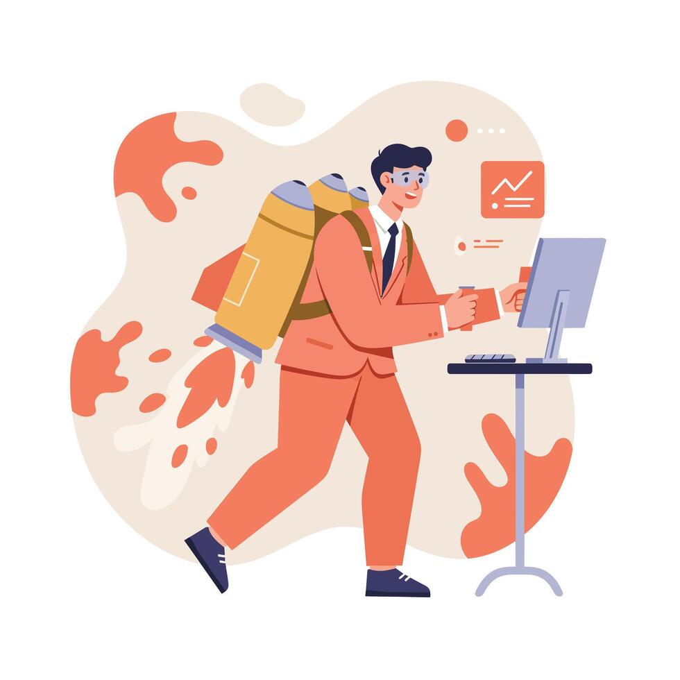 Businessman with jetpack flying and working on computer multitasking in office environment illustration vector
