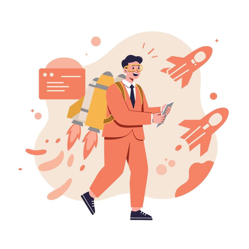 Businessman with jetpack using smartphone launching rocket success concept illustration in orange tones vector