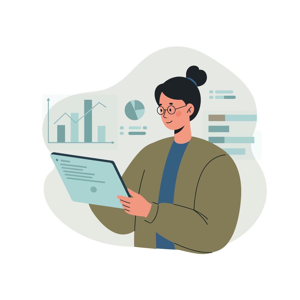 Woman analyzing data charts and graphs on digital tablet in casual outfit with glasses and bun hairstyle illustration vector