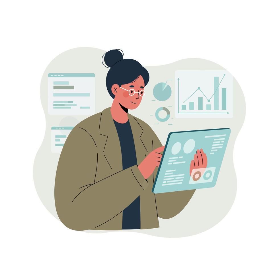 Woman analyzing data on digital tablet with charts and graphs in modern office workspace illustration vector