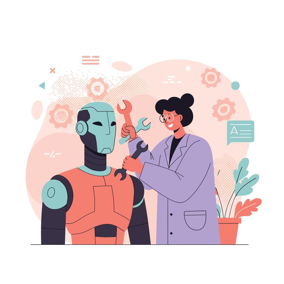 Robot maintenance illustration with technician repairing humanoid robot using tools in engineering setting vector